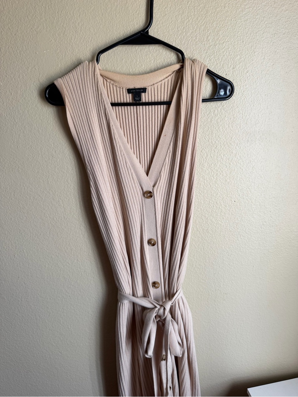 Ann Taylor Sleeveless Ribbed Button-Front Dress - Beige